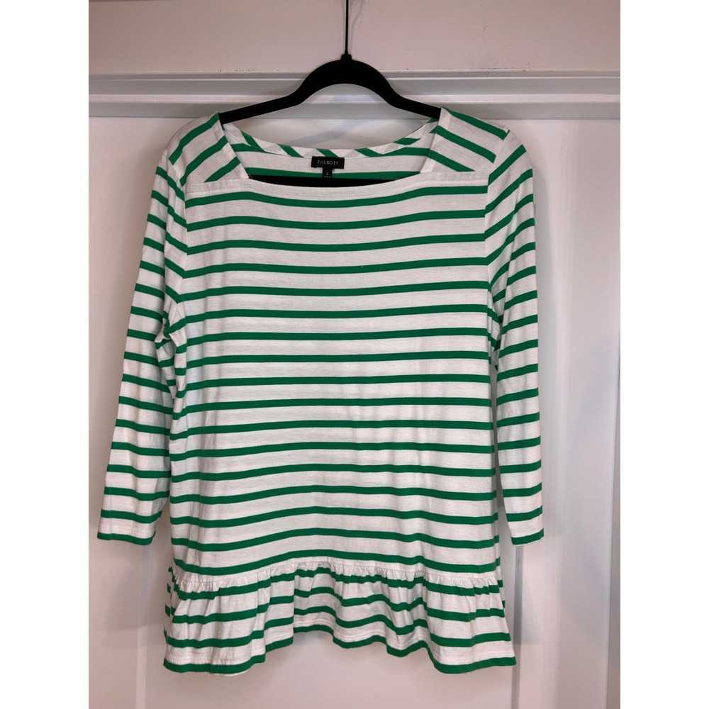 Talbots Womens Green White Striped Pima Cotton Peplum Ruffle Top Large Coastal
